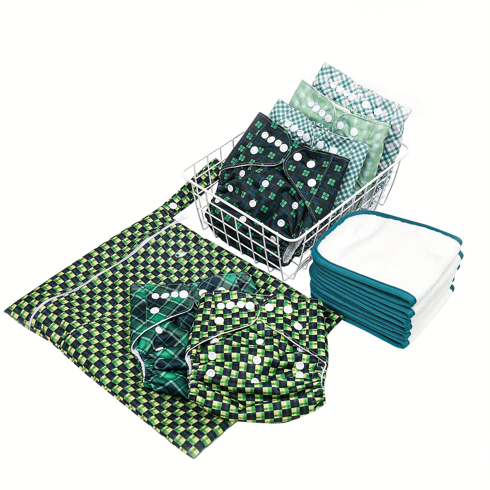 6pcs Green & White Check & Polka Pattern Cloth Diapers for Kids - Washable, Reusable with 6 Replaceable Inserts, Includes Dry-Wet Separation Storage Bag, Reusable Diapers | Playful Pattern Design | Durable Diaper Pants, Cloth Diapers for Baby