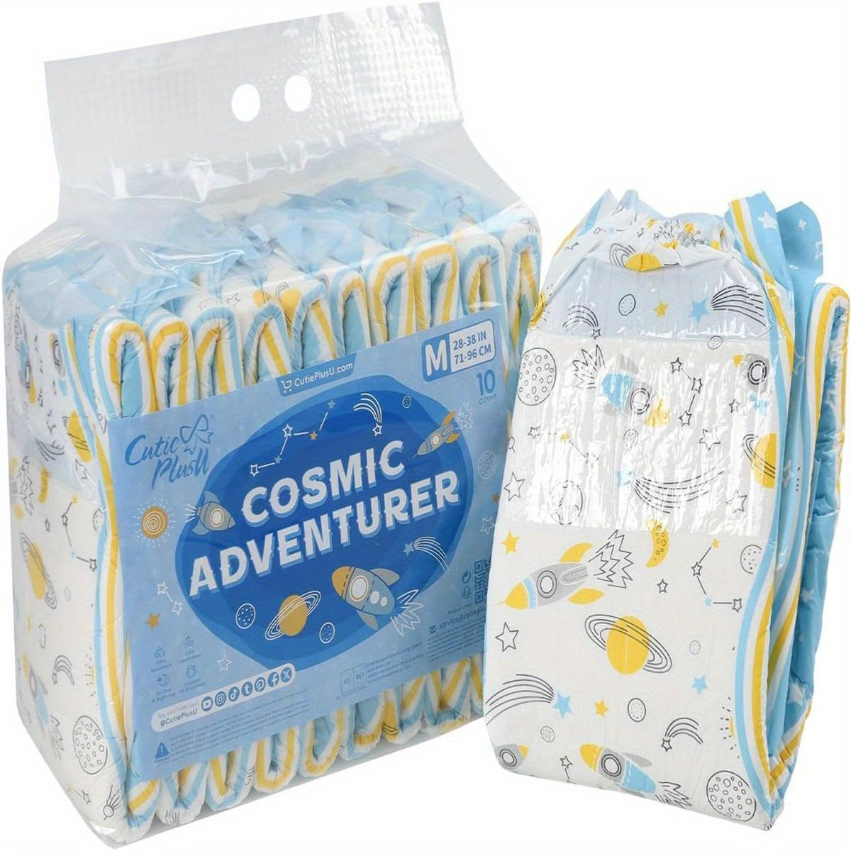 CutiePlusU Adult Diapers 10pcs, Disposable Incontinence Briefs with Tabs for Women and Men, Maximum Overnight Absorbency- Cosmic Adventurer (Medium 28\