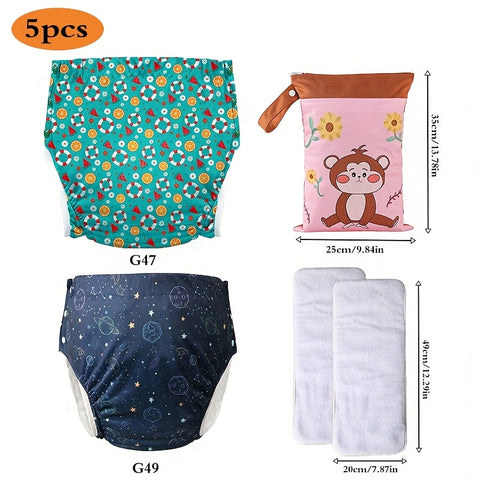 Reusable Adult Cloth Nappy 5pcs Reusable Ice Silk Adult Cloth Nappy Set | 2 Washable Nappies + 2 Nappies + 1 Washable Storage Bag - TPU Coated Design with Snap Adjustments, Suitable for Seniors, Pregnant & Postnatal Women, Long Distance Drives