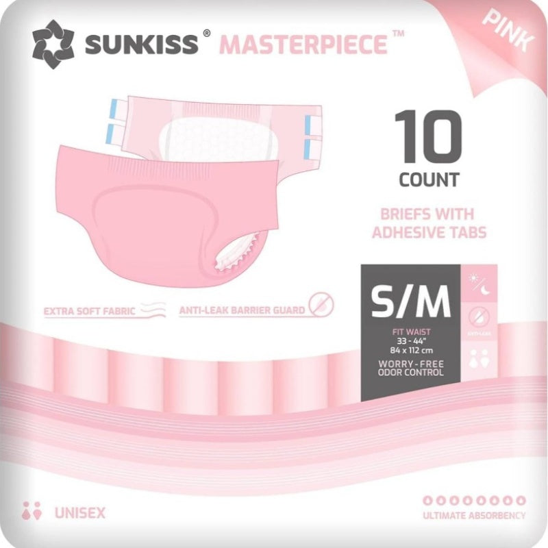 Masterpiece Adult Diapers with Tabs, Unisex Disposable Incontinence Briefs Women and Men, Odor Control, Pink, SmallMedium, Previously Medium, 10 Count, Adult Diaper Cover, Adultos Diapers for Woman, Disposable Underwear For Men Travel, Disposable Underwea