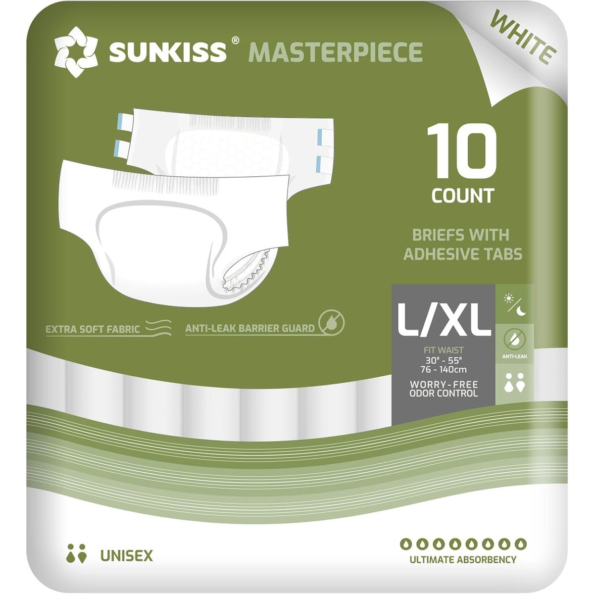Masterpiece Adult Diapers with Tabs, Unisex Disposable Incontinence Briefs for Women and Men, Odor Control, White, Large\u002FXL, Previously Large, 10 Count, Incontinence Diapers, Adult Diaper Cover, Incontinence Underwear for Reusable Pads