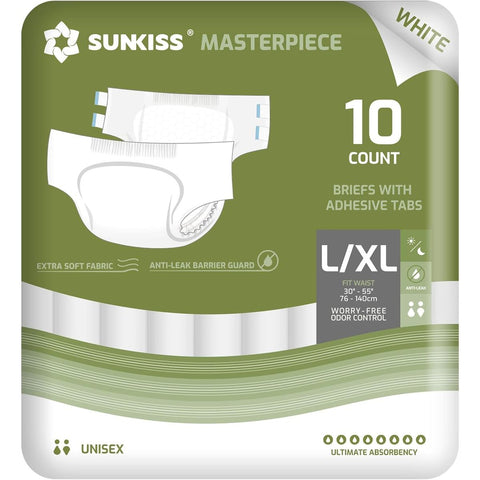 Masterpiece Adult Diapers with Tabs, Unisex Disposable Incontinence Briefs for Women and Men, Odor Control, White, Large\u002FXL, Previously Large, 10 Count, Incontinence Diapers, Adult Diaper Cover, Incontinence Underwear for Reusable Pads