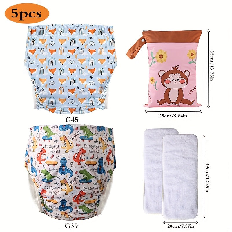 Reusable Adult Cloth Nappy 5pcs Reusable Ice Silk Adult Cloth Nappy Set | 2 Washable Nappies + 2 Nappies + 1 Washable Storage Bag - TPU Coated Design with Snap Adjustments, Suitable for Seniors, Pregnant & Postnatal Women, Long Distance Drives
