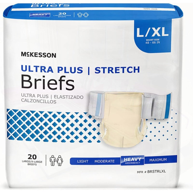 McKesson Ultra Plus Stretch Briefs 80 Count L XL 4866in. Incontinence Adult Diapers Heavy Absorbency Unisex Disposable Elastic Leg Gathers and Contoured Fit for Men and Women, Disposable Undergarments, Adult Care, Comfortable Fit, Stretchable Briefs, Leak