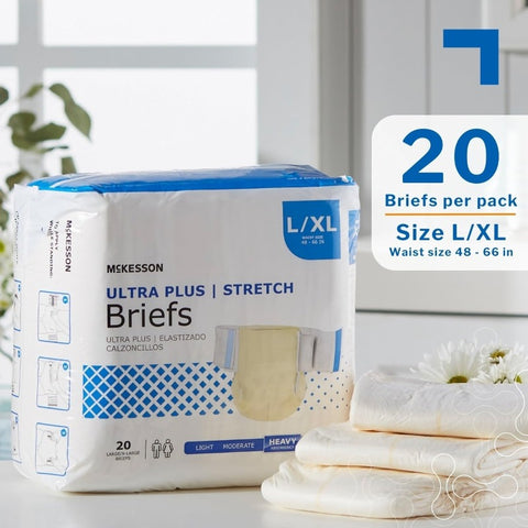 McKesson Ultra Plus Stretch Briefs 80 Count L XL 4866in. Incontinence Adult Diapers Heavy Absorbency Unisex Disposable Elastic Leg Gathers and Contoured Fit for Men and Women, Disposable Undergarments, Adult Care, Comfortable Fit, Stretchable Briefs, Leak