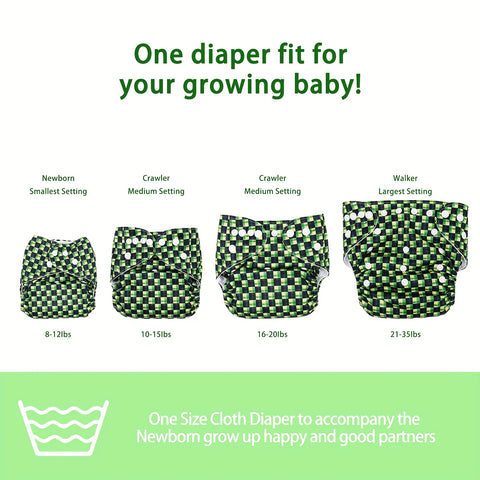 6pcs Green & White Check & Polka Pattern Cloth Diapers for Kids - Washable, Reusable with 6 Replaceable Inserts, Includes Dry-Wet Separation Storage Bag, Reusable Diapers | Playful Pattern Design | Durable Diaper Pants, Cloth Diapers for Baby