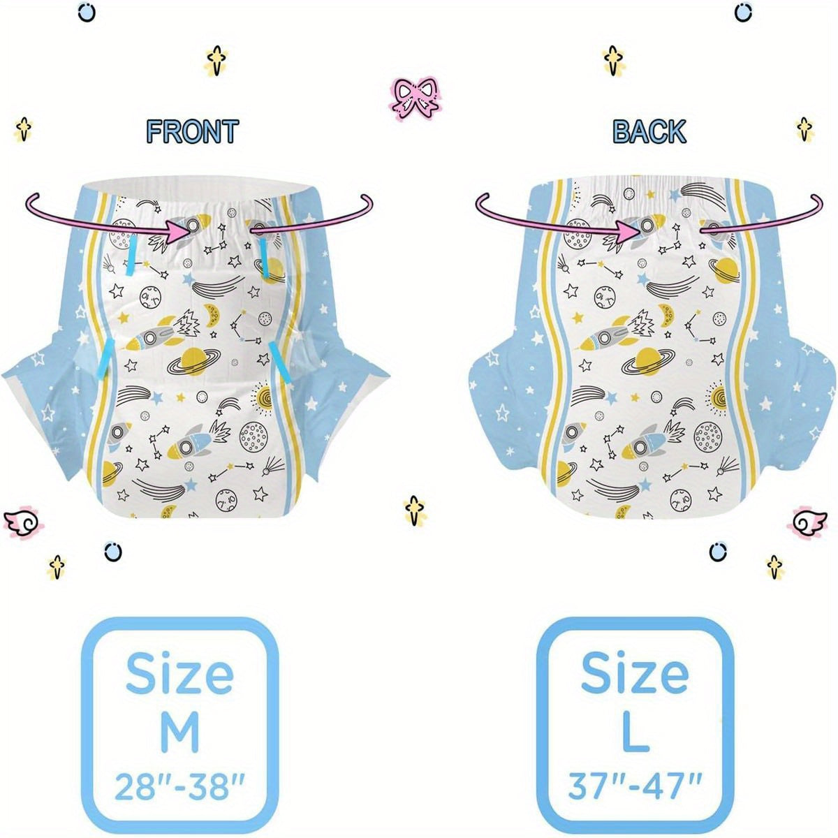 CutiePlusU Adult Diapers 10pcs, Disposable Incontinence Briefs with Tabs for Women and Men, Maximum Overnight Absorbency- Cosmic Adventurer (Medium 28\