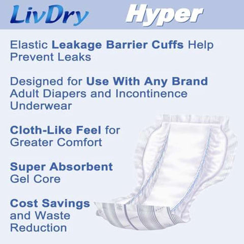 LivDry High Absorbency Pad Insert for Incontinence Briefs Adult Diapers( Women Men) Hyper 2400( 18 Count), Incontinence Diapers, Incontinence Underwear for Women, Incontinence Pads for Women, Incontinence Underwear Bladder Control