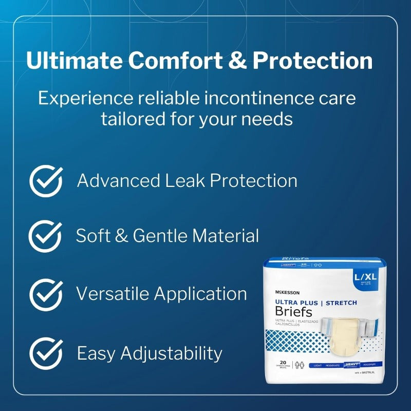 McKesson Ultra Plus Stretch Briefs 80 Count L XL 4866in. Incontinence Adult Diapers Heavy Absorbency Unisex Disposable Elastic Leg Gathers and Contoured Fit for Men and Women, Disposable Undergarments, Adult Care, Comfortable Fit, Stretchable Briefs, Leak