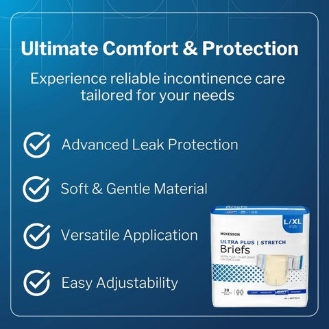 McKesson Ultra Plus Stretch Briefs 80 Count L XL 4866in. Incontinence Adult Diapers Heavy Absorbency Unisex Disposable Elastic Leg Gathers and Contoured Fit for Men and Women, Disposable Undergarments, Adult Care, Comfortable Fit, Stretchable Briefs, Leak