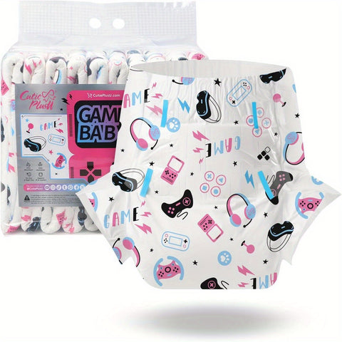 CutiePlusU Adult Diapers 10pcs, Game Baby Disposable Incontinence Briefs with Tabs for Women and Men, Maximum Overnight Absorbency (Medium 28\