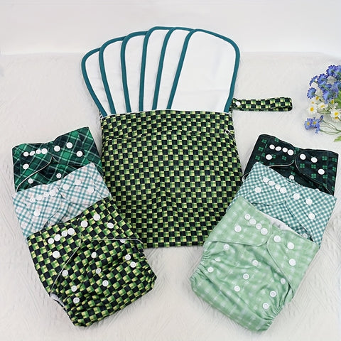 Cloth Diapers 13-Pack Includes 6 Cloth Diapers + 6 Replacement Pads + 1 Wet And Dry Separation Storage Bag. Green Plaid Design Gift Box Is Very Suitable for Christmas Gifts