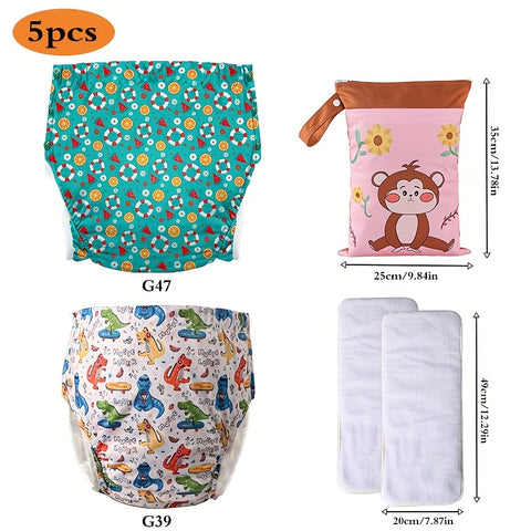 Reusable Adult Cloth Nappy 5pcs Reusable Ice Silk Adult Cloth Nappy Set | 2 Washable Nappies + 2 Nappies + 1 Washable Storage Bag - TPU Coated Design with Snap Adjustments, Suitable for Seniors, Pregnant & Postnatal Women, Long Distance Drives
