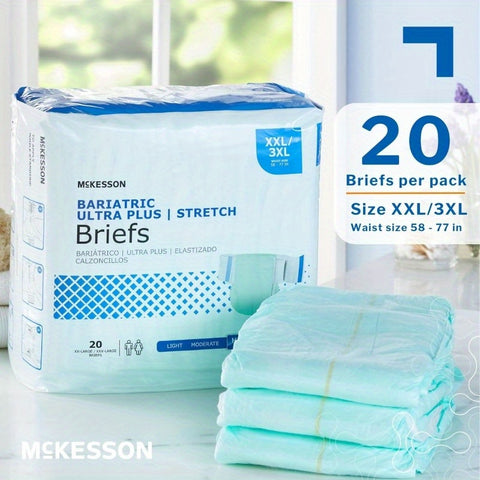 McKesson Ultra Plus Stretch Briefs 20 Count XXL 3XL 5877in, Incontinence Adult Diapers Heavy Absorbency Unisex Disposable Elastic Leg Gathers and Contoured Fit for Men and Women, Heavy Absorbency Diapers, Unisex Adult Diapers, Comfortable Fit, Durable Con