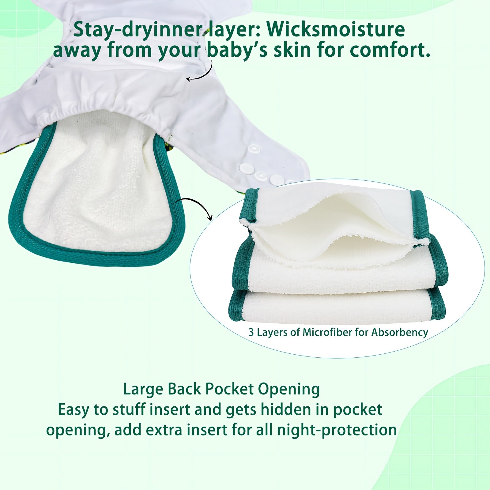 6pcs Green & White Check & Polka Pattern Cloth Diapers for Kids - Washable, Reusable with 6 Replaceable Inserts, Includes Dry-Wet Separation Storage Bag, Reusable Diapers | Playful Pattern Design | Durable Diaper Pants, Cloth Diapers for Baby