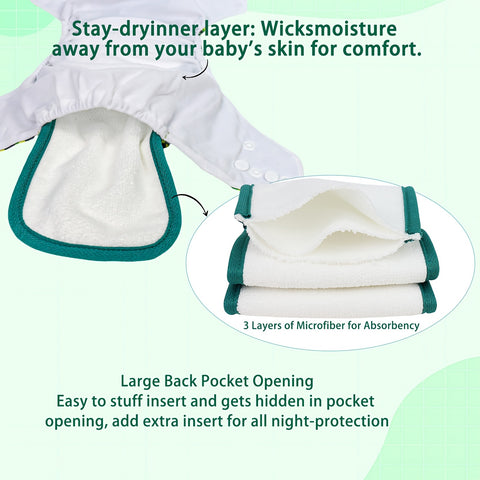 6pcs Green & White Check & Polka Pattern Cloth Diapers for Kids - Washable, Reusable with 6 Replaceable Inserts, Includes Dry-Wet Separation Storage Bag, Reusable Diapers | Playful Pattern Design | Durable Diaper Pants, Cloth Diapers for Baby