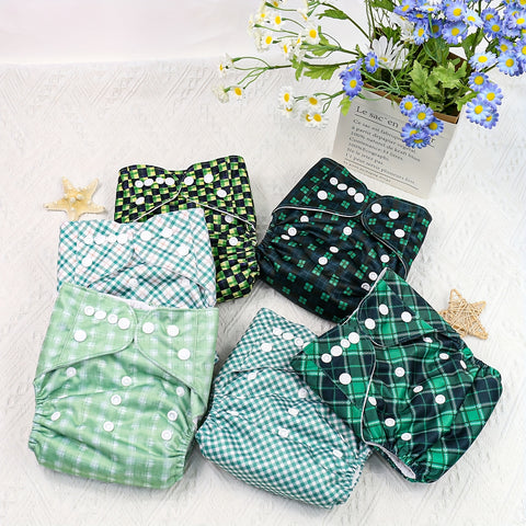 6pcs Green & White Check & Polka Pattern Cloth Diapers for Kids - Washable, Reusable with 6 Replaceable Inserts, Includes Dry-Wet Separation Storage Bag, Reusable Diapers | Playful Pattern Design | Durable Diaper Pants, Cloth Diapers for Baby