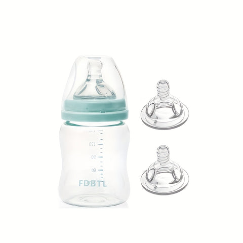 1pc Glass Baby Bottle - Natural Rubber Nipple, 4 Oz, Easy to Clean, Heat-Resistant, Suitable for Newborns Aged 0-3 Years, with 2 Extra Nipples As Gifts