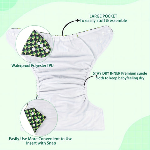 6pcs Green & White Check & Polka Pattern Cloth Diapers for Kids - Washable, Reusable with 6 Replaceable Inserts, Includes Dry-Wet Separation Storage Bag, Reusable Diapers | Playful Pattern Design | Durable Diaper Pants, Cloth Diapers for Baby