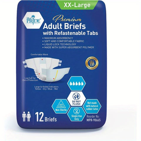 Heavy-Duty Maximum Absorbency Adult Diapers with Refastenable Tabs - XX-Large (X-Large) Incontinence Briefs, Leakproof Layer, Fastening Tabs for Secure Closure - Heavy Wet Conditions - Ideal for Nursing Home, Home Care, Travel - 12-Pack Disposable Underwe