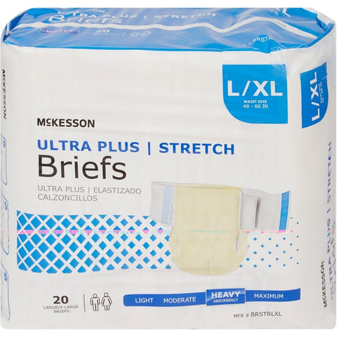 McKesson Ultra Plus Stretch Briefs 80 Count L XL 4866in. Incontinence Adult Diapers Heavy Absorbency Unisex Disposable Elastic Leg Gathers and Contoured Fit for Men and Women, Disposable Undergarments, Adult Care, Comfortable Fit, Stretchable Briefs, Leak