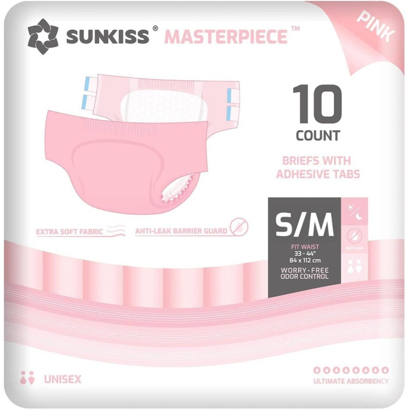 Masterpiece Adult Diapers with Tabs, Unisex Disposable Incontinence Briefs Women and Men, Odor Control, Pink, SmallMedium, Previously Medium, 10 Count, Adult Diaper Cover, Adultos Diapers for Woman, Disposable Underwear For Men Travel, Disposable Underwea