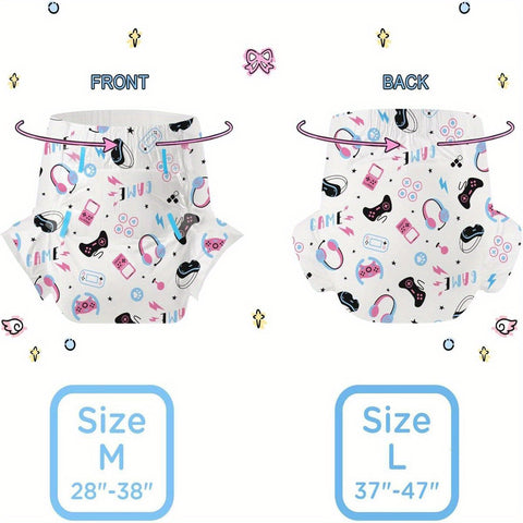 CutiePlusU Adult Diapers 10pcs, Game Baby Disposable Incontinence Briefs with Tabs for Women and Men, Maximum Overnight Absorbency (Medium 28\