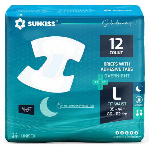 TrustPlus Overnight Adult Diapers with Tabs, Unisex Disposable Incontinence Briefs for Men and Women, Odor Control, Large, 12 Count, Adult Diaper Cover, Adultos Diapers for Woman, Bed Protection, Incontinence Care, Leakproof Design, Secure Fit