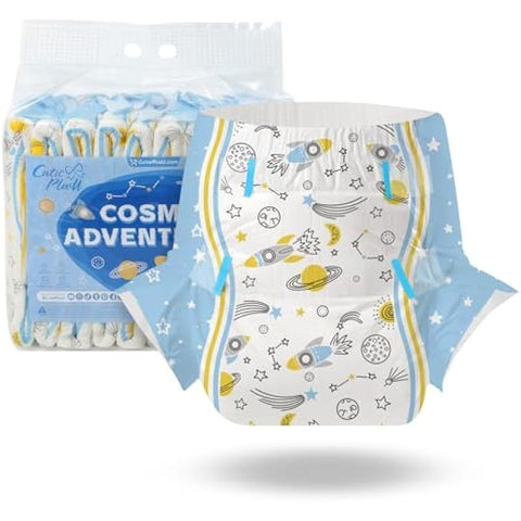CutiePlusU Adult Diapers 10 Pieces Disposable Incontinence Briefs with Tabs for Women and Men Maximum Overnight Absorbency Cosmic Adventurer Medium 28 38