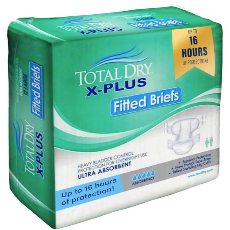 TotalDry X-Plus Fitted Incontinence Briefs Adult Diapers - Heavy-Duty 24-Hour Overnight, Ultra Absorbent (Plastic Backed) with 16-Hour Leakproof Guarantee, HSA\u002FFSA Approved, Large Size for Men & Women, Incontinence Supplies, Disposable Underwear For