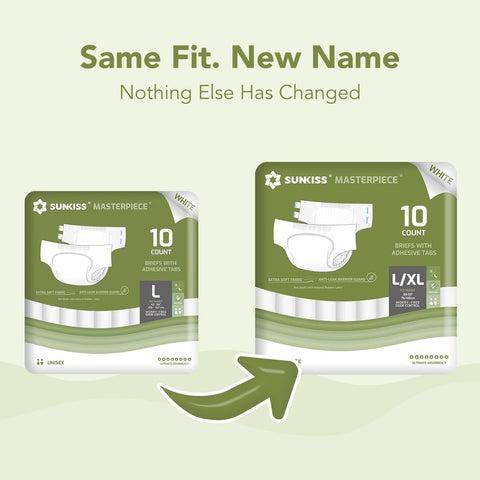 Masterpiece Adult Diapers with Tabs, Unisex Disposable Incontinence Briefs for Women and Men, Odor Control, White, Large\u002FXL, Previously Large, 10 Count, Incontinence Diapers, Adult Diaper Cover, Incontinence Underwear for Reusable Pads