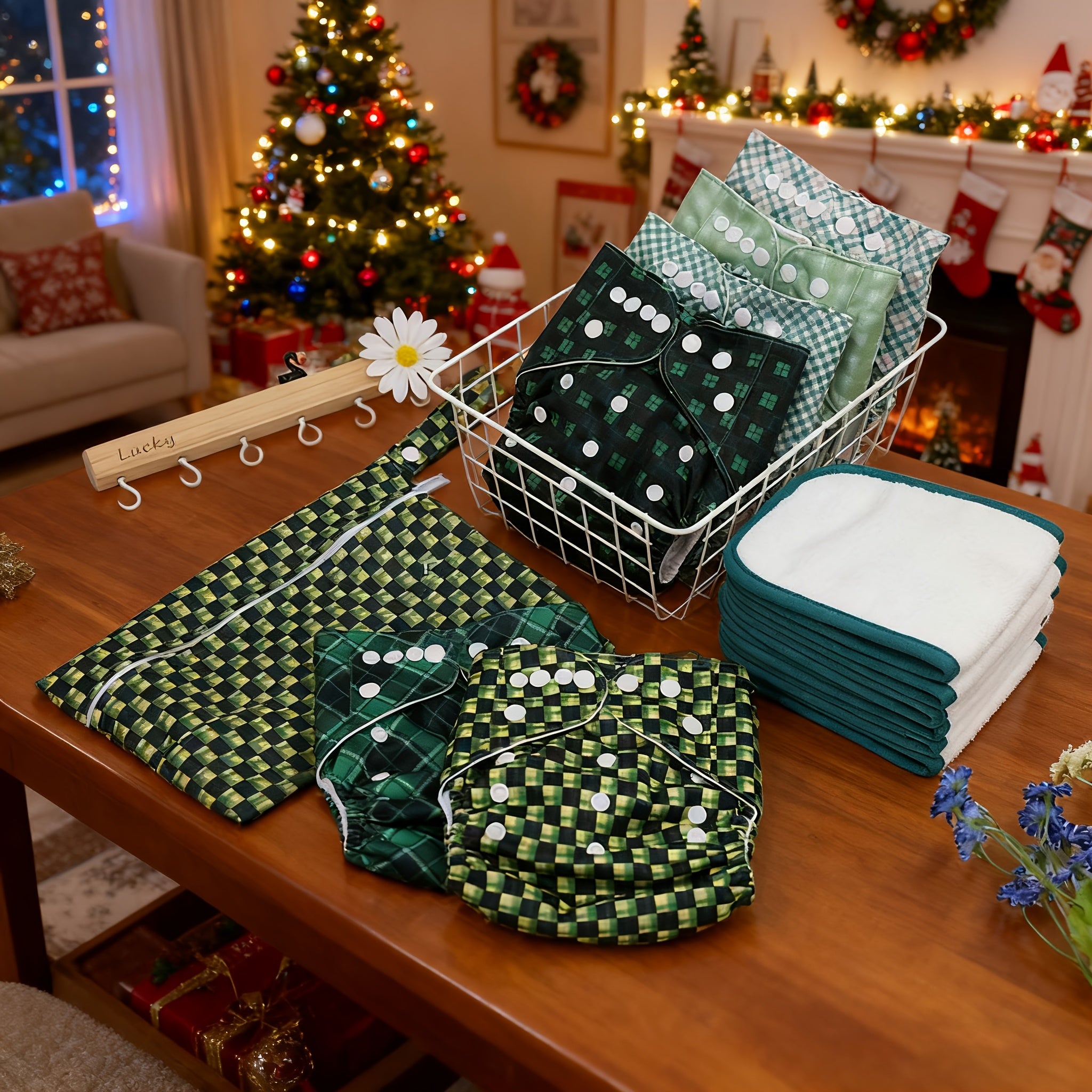Cloth Diapers 13-Pack Includes 6 Cloth Diapers + 6 Replacement Pads + 1 Wet And Dry Separation Storage Bag. Green Plaid Design Gift Box Is Very Suitable for Christmas Gifts