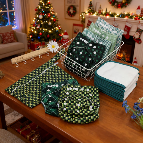 Cloth Diapers 13-Pack Includes 6 Cloth Diapers + 6 Replacement Pads + 1 Wet And Dry Separation Storage Bag. Green Plaid Design Gift Box Is Very Suitable for Christmas Gifts