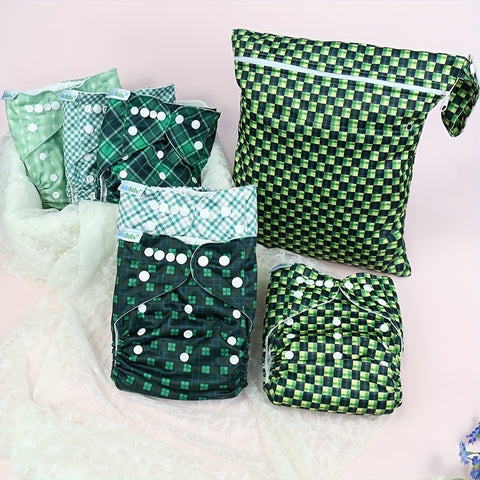 Cloth Diapers 13-Pack Includes 6 Cloth Diapers + 6 Replacement Pads + 1 Wet And Dry Separation Storage Bag. Green Plaid Design Gift Box Is Very Suitable for Christmas Gifts