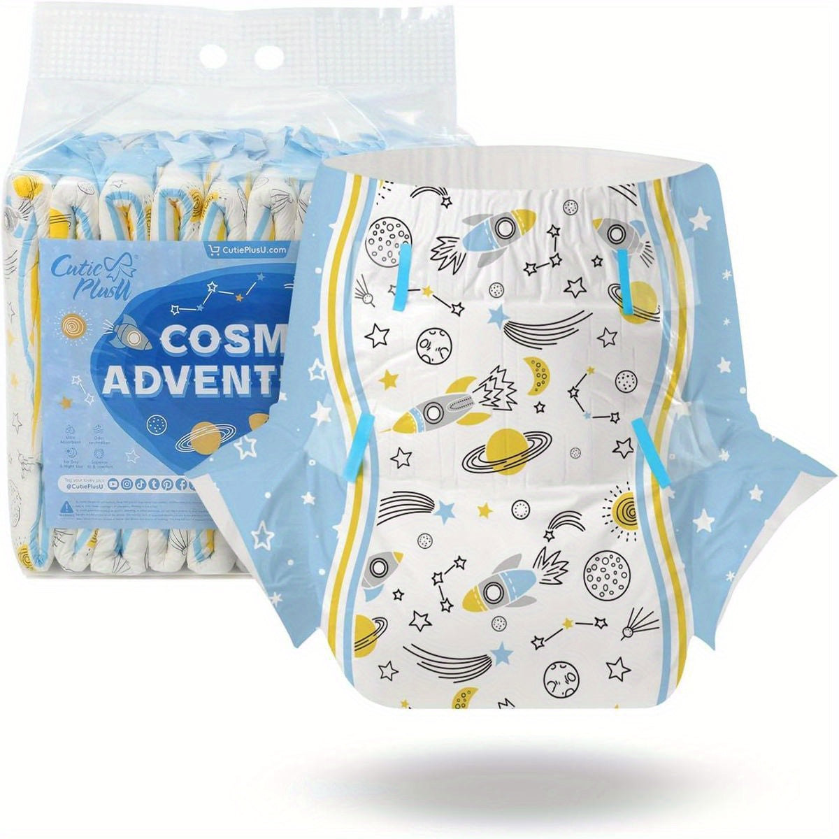 CutiePlusU Adult Diapers 10pcs, Disposable Incontinence Briefs with Tabs for Women and Men, Maximum Overnight Absorbency- Cosmic Adventurer (Medium 28\
