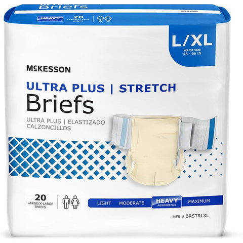 McKesson Ultra Plus Stretch Briefs 80 Count L XL 4866in. Incontinence Adult Diapers Heavy Absorbency Unisex Disposable Elastic Leg Gathers and Contoured Fit for Men and Women, Disposable Undergarments, Adult Care, Comfortable Fit, Stretchable Briefs, Leak