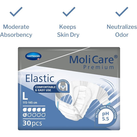 MoliCare Premium Incontinence Brief 6D Moderate Absorbency Adult Diaper with Refastenable Tabs Unisex Size Large 30 Count 1 Pack, Incontinence Diapers for Women, Mens Washable Incontinence Underwear, Diapers for Men Incontinence, Washable Adult Diapers, I