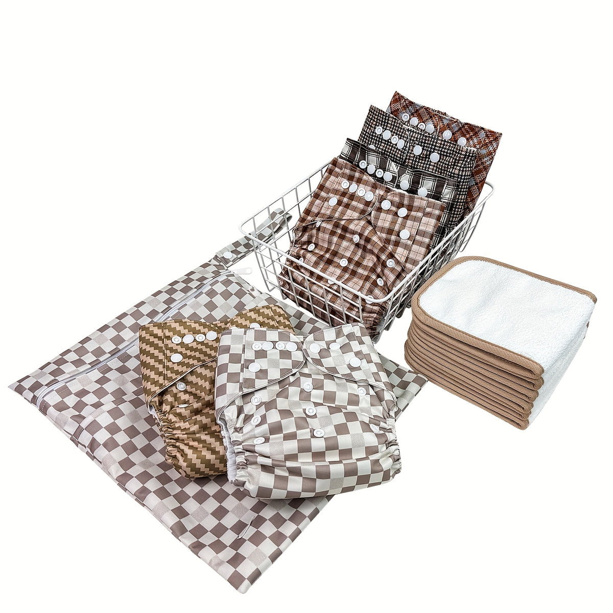 6pcs Green & White Check & Polka Pattern Cloth Diapers for Kids - Washable, Reusable with 6 Replaceable Inserts, Includes Dry-Wet Separation Storage Bag, Reusable Diapers | Playful Pattern Design | Durable Diaper Pants, Cloth Diapers for Baby