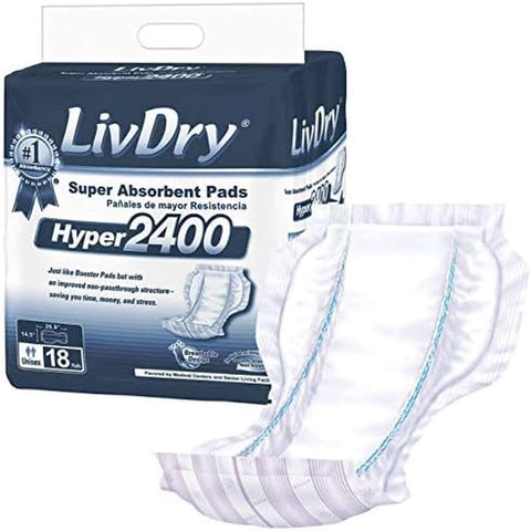 LivDry High Absorbency Pad Insert for Incontinence Briefs Adult Diapers( Women Men) Hyper 2400( 18 Count), Incontinence Diapers, Incontinence Underwear for Women, Incontinence Pads for Women, Incontinence Underwear Bladder Control