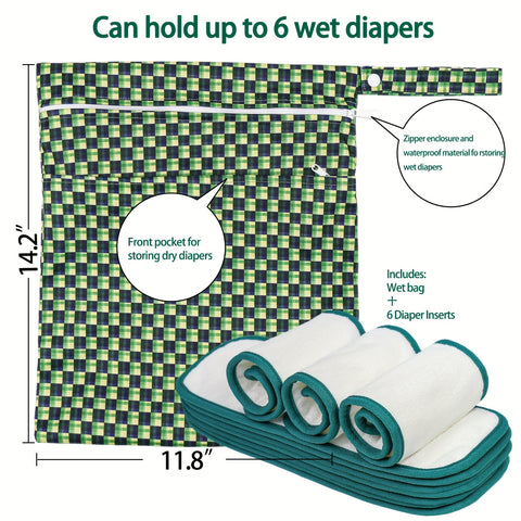 6pcs Green & White Check & Polka Pattern Cloth Diapers for Kids - Washable, Reusable with 6 Replaceable Inserts, Includes Dry-Wet Separation Storage Bag, Reusable Diapers | Playful Pattern Design | Durable Diaper Pants, Cloth Diapers for Baby