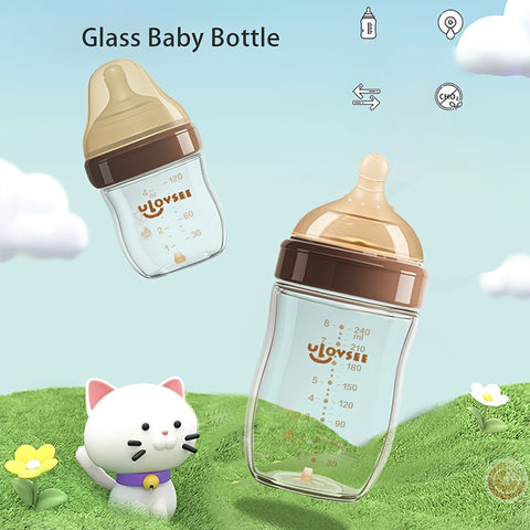 4oz,8oz High Borosilicate Glass Baby Bottles, Wide-Neck Glass Feeding Bottle, Milk Bottle with Bottom Air Balance Hole\u002FValve, Perfect Gift for Newbor